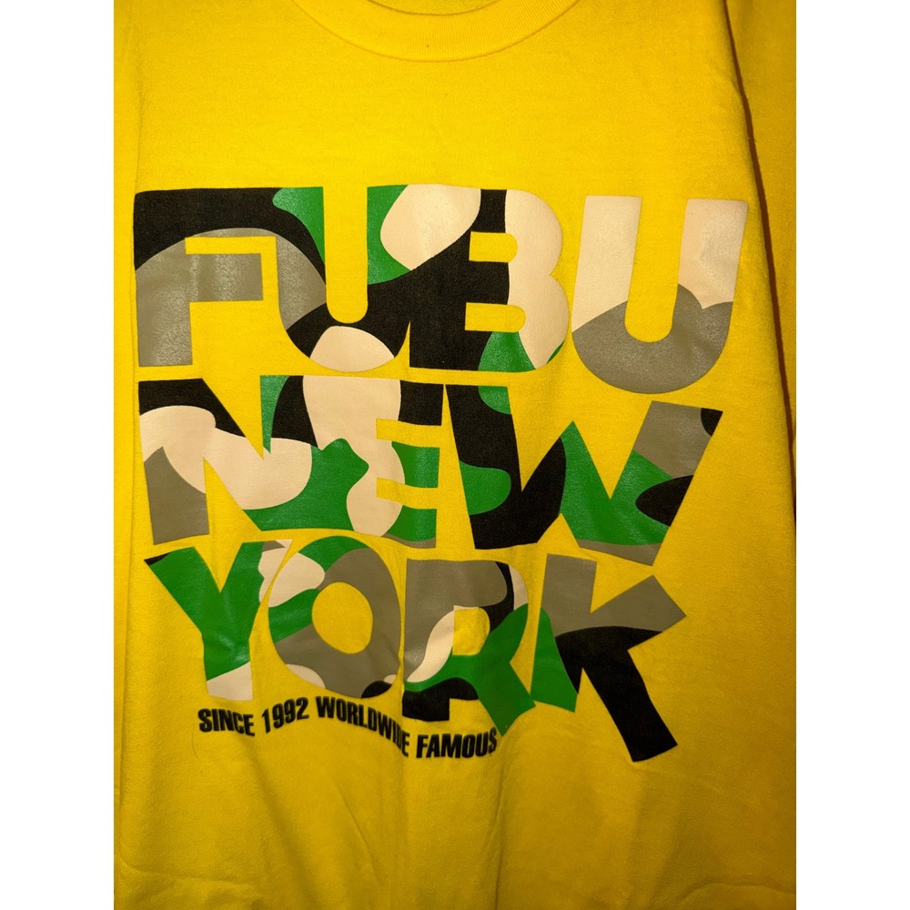 FUBU New York Graphic T-Shirt Mens Yellow Camo Logo Short Sleeve Cotton Tee - Picture 2 of 6